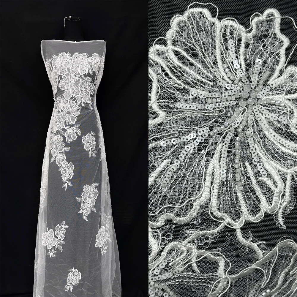 

Белая роскошная африканская кружевная ткань высокого качества с блестками и бусинами, кружевная ткань, нигерийский французский тюль, кружевная ткань для свадебного платья