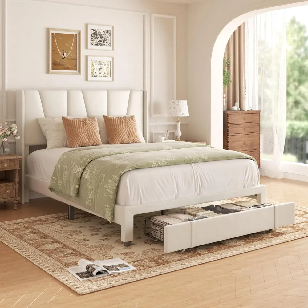 

Queen Bed Frame with Storage Drawers, No Box Spring Needed, Noise Free, Upholstered Platform Bed with Headboard and Wingboard