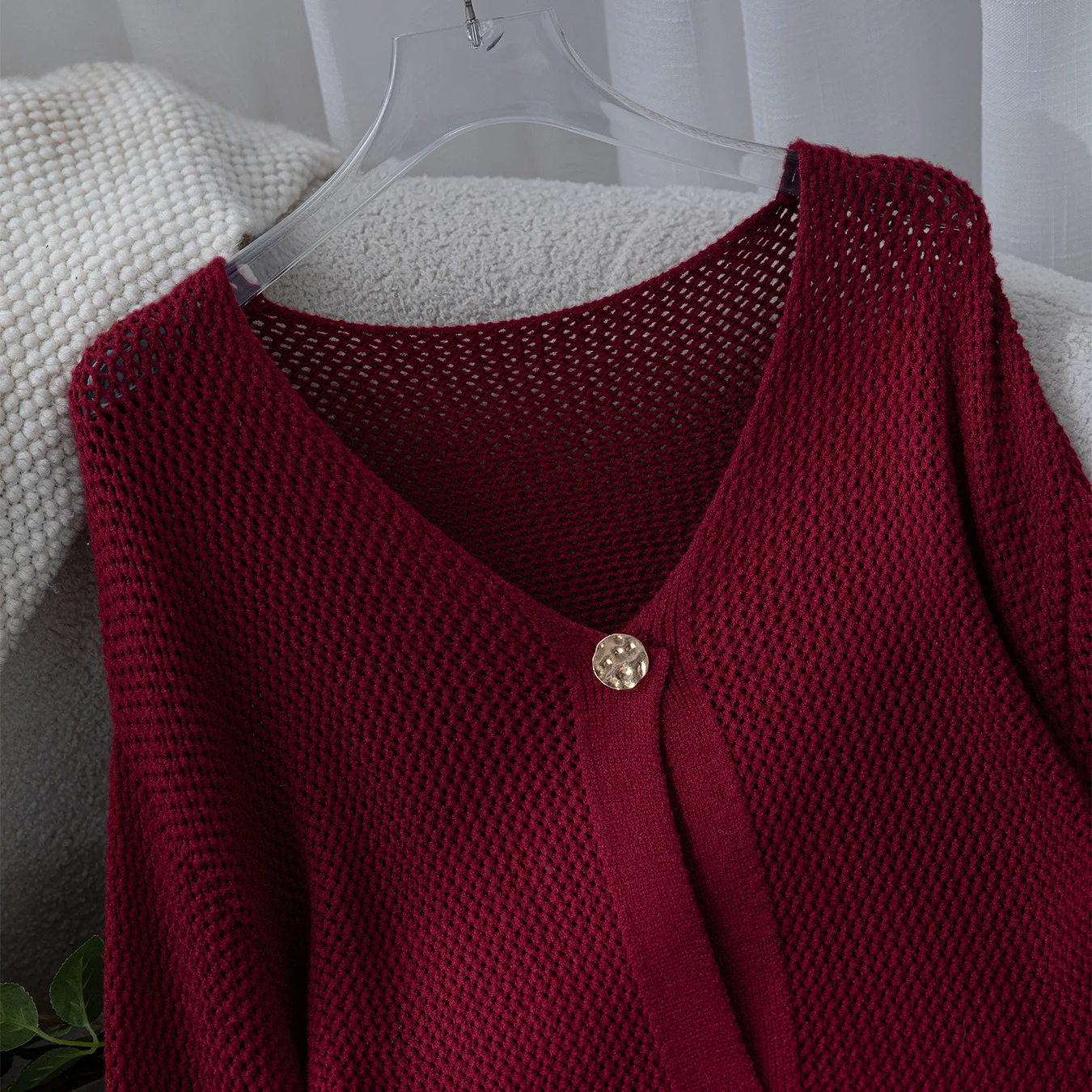 Nuevo 2025 primavera otoño moda ropa de calle Color sólido manga larga Borgoña tejido Cardigan suéter para mujer