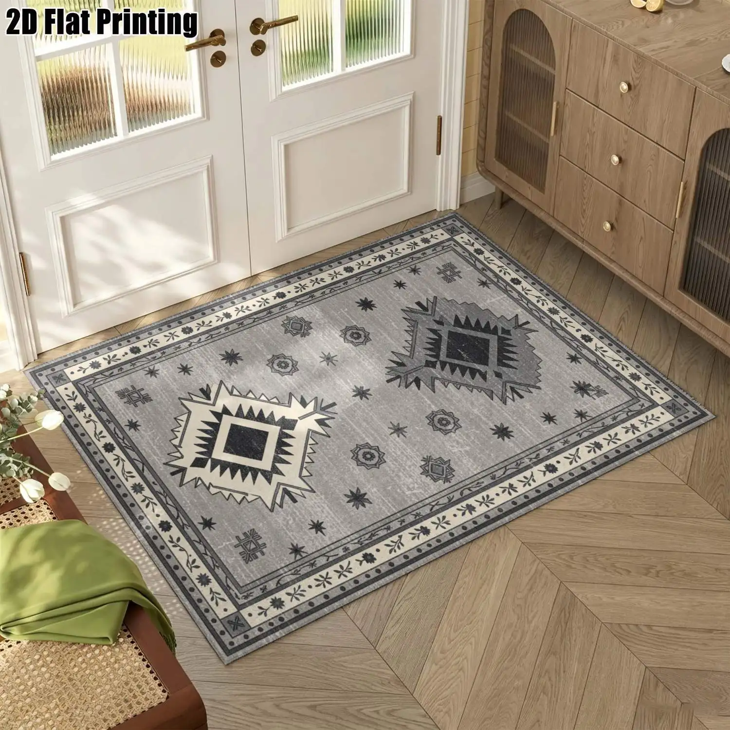 1Pc 2D Printed Grey-Blue Geometric Nordic Vintage Bohemian Carpet, Machine-Washable, Multiple Sizes, Suitable for Entrance, Dining Room, Foyer, Bedroom, Living Room as Doormat/Floor Mat