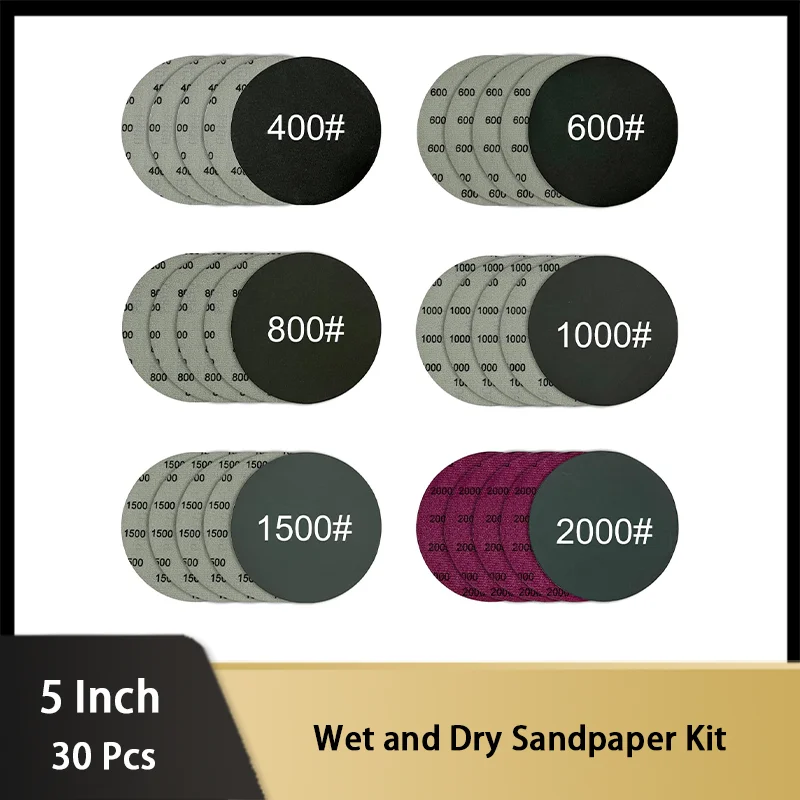 

5 Inch Hook & Loop Wet Dry Sandpaper Kit 30 Pcs 400-2000 Grit Assorted for Orbital Sander Grind Auto Wood and Metal Polishing