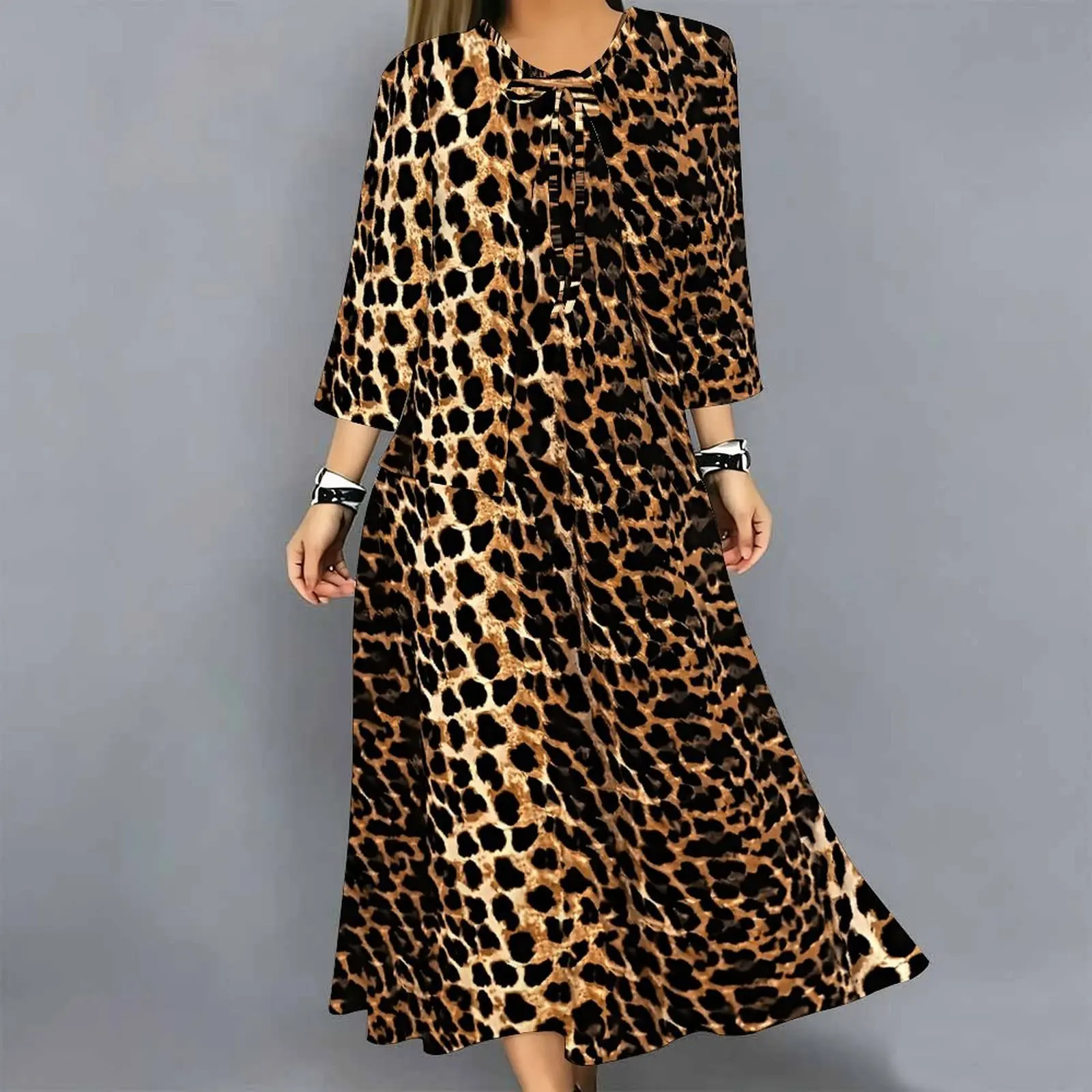 Women 2 Piece Dress Set Print 3/4 Sleeve Cardigan and Midi Dress Loose Casual Vacation Ladies Outfit