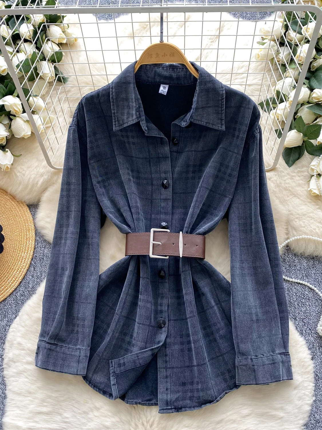 Casual Koreaanse Sle Dames irt Taille-kalkende lange Sve Plaid Denim Jaet Ademend Comfortabel polyestervezel