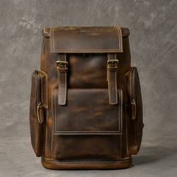 Retro Cowhide Genuine Leather Men's Backpack Large Capacity 17“inch Laptop Bag School Bagpack Male Travel Backpacks Hiking Brown