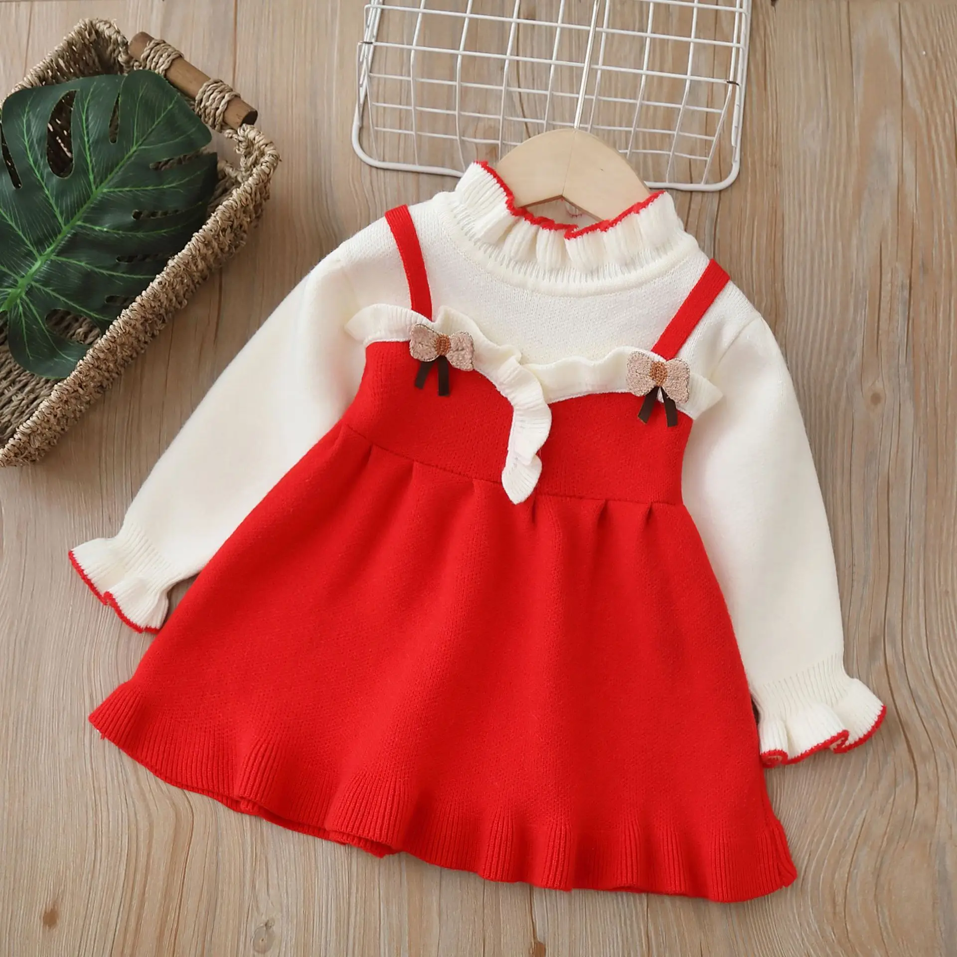 Autumn Winter Children Girls Dress Cotton 3D Bow Spliced Baby Girl Princess Dress Sweeat Knitted Fleece Warm Toddler Girls Dress