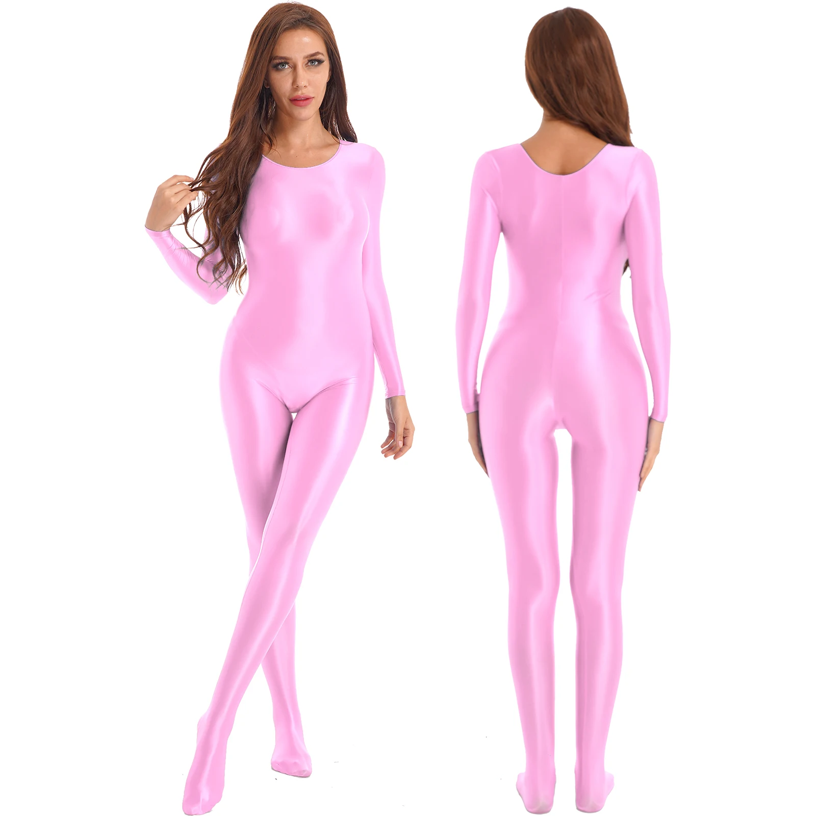 Women Long Sleeve Glossy Bodystocking Bodysuit Jumpsuit Lingerie Nightwear Gymnastics Yoga Sports Dance Leotard Catsuit Swimwear