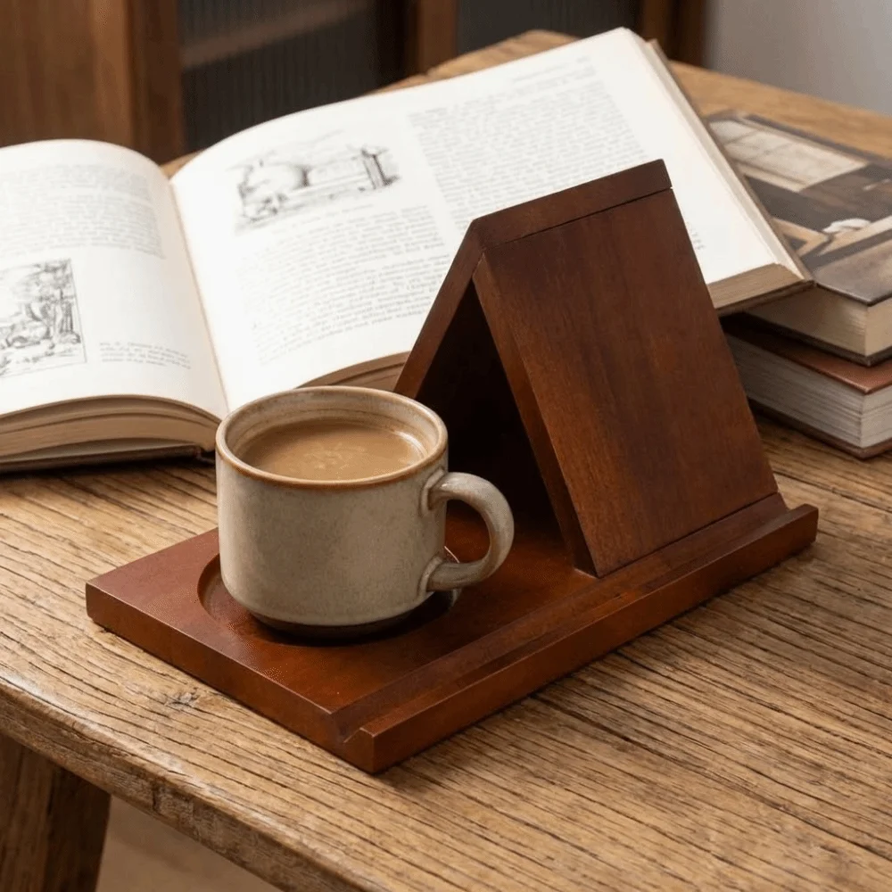 

2 in 1 Triangle Wooden Book Holder Decorative Simple Triangle Book Stand with Cup Holder Sturdy Magazine Rack Bookstore