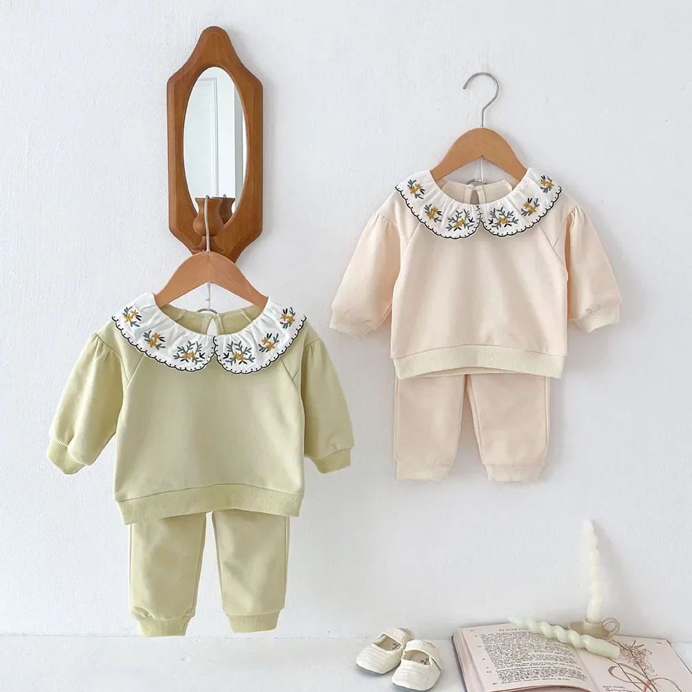 2024 Autumn Baby\'s Clothing Set 0-4Y Girls Embroider Doll Collar Infant Suit Fashion Cotton Kid\'s Pullover Tees and Pants 2Pcs