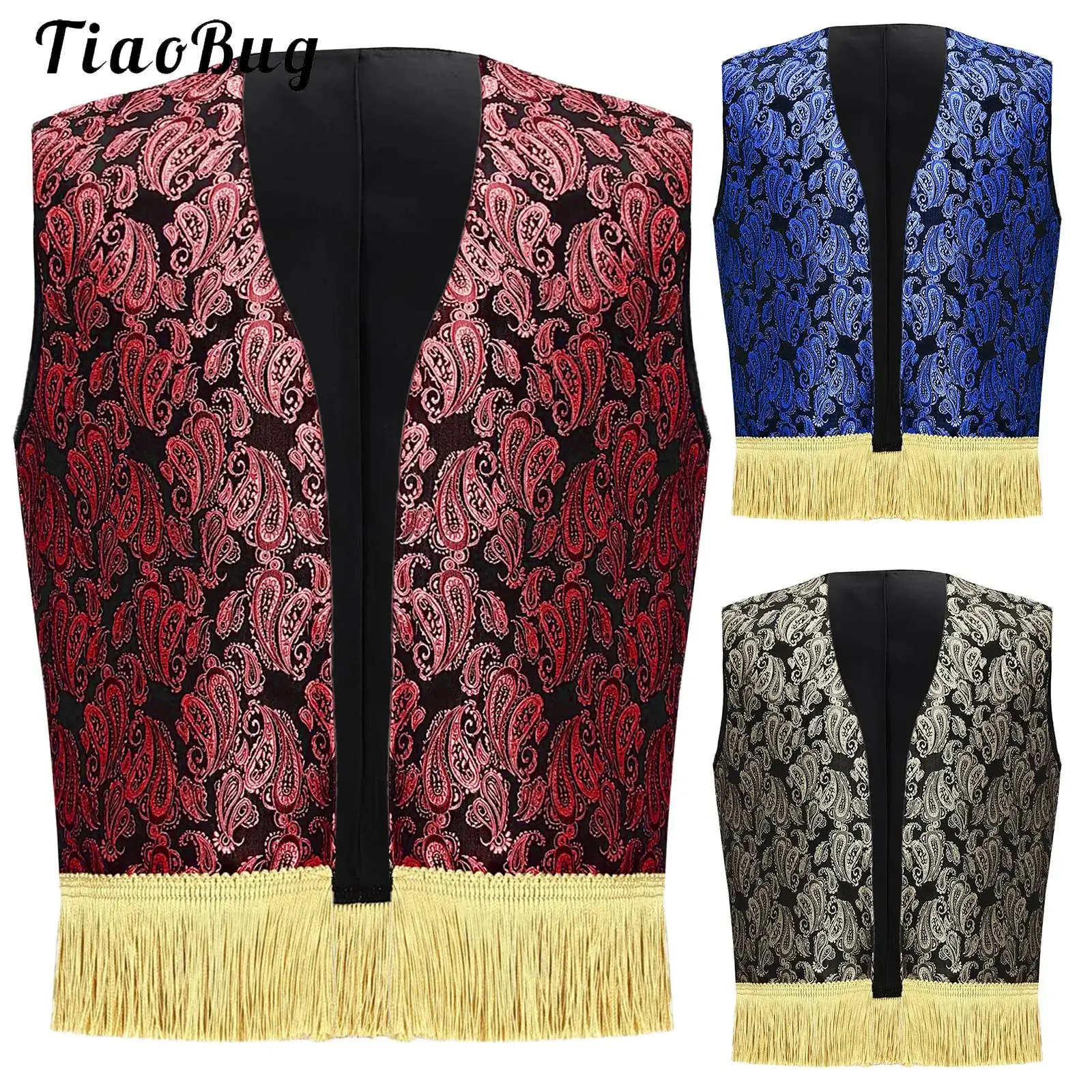 

Boys Halloween Arabian Prince Waistcoat Vest Gold Fringed Printed Open Front Carnival Party Dress Up Indian Arabian Costumes