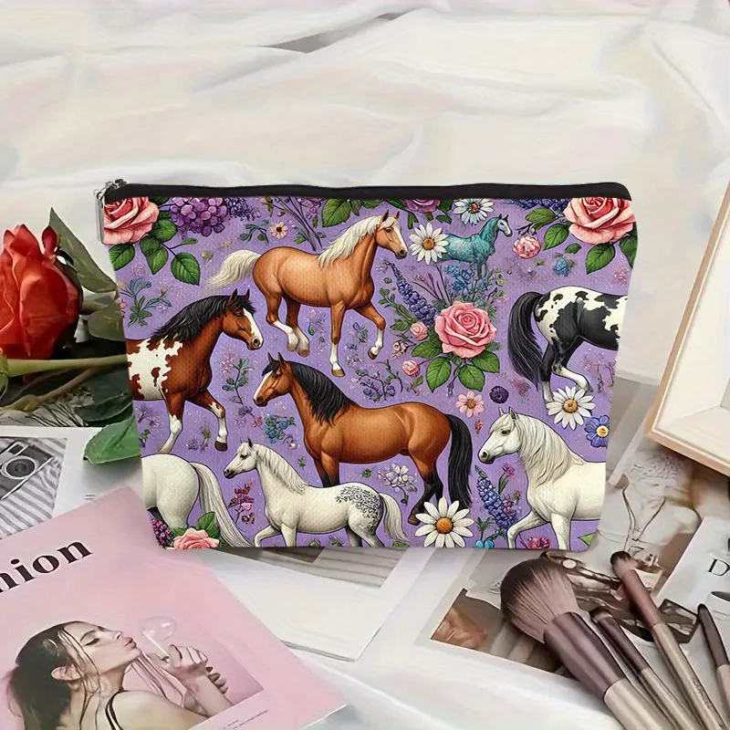 A Beautiful horse and flower makeup bag - women's cute multifunctional zipper pouch, jewelry storage bag