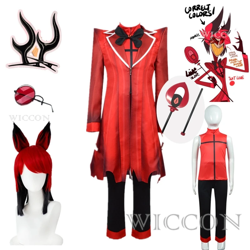 ALASTOR Cosplay Kids Size Hazbbin Anime Cosplay Costume Wig Ears Hotel Accessories Halloween Uniform Men Women Jacket Red Suit