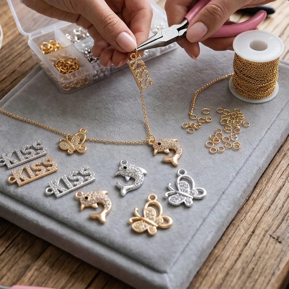 10Pcs Cute Dolphin Butterfly Kiss Letter Alloy Charm Pendant for Women's Earrings Keychain Necklace Handmade Jewelry Ornaments