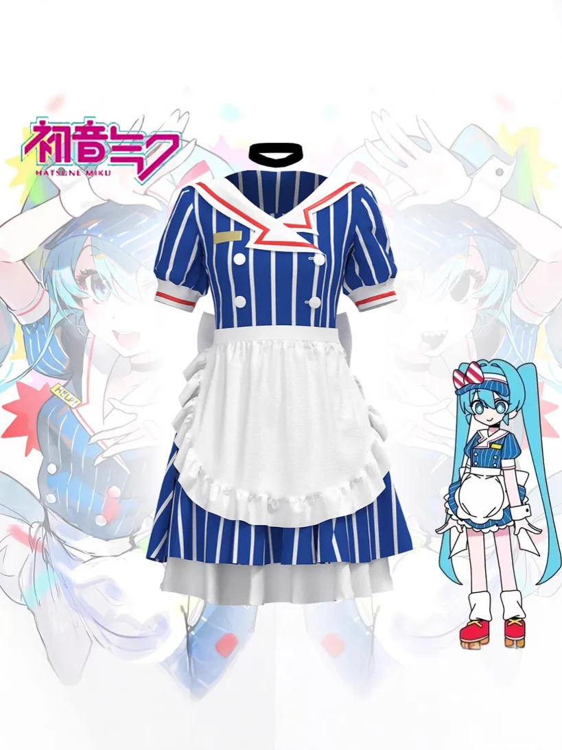Miku Cosplay Costumes Anime Mesmerizer Uniform Women Striped Maid Dress Hat Apron Suit Halloween Christmas Carnival Party Dress