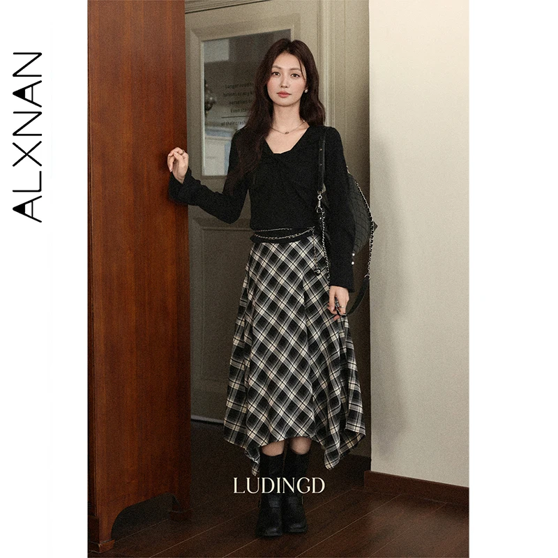 

ALXNAN женский пуловер, черная футболка с расклешенными рукавами и поворотными деталями, модная элегантная облегающая повседневная женская одежда с бисером L56859