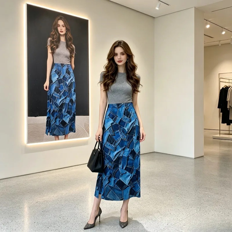 

Miyake Pleated Summer 2026 Printed Skirt Slim Fit Fashionable Elastic Sweet Versatile Pleated Casual Straight Fairy Skirt Pleat