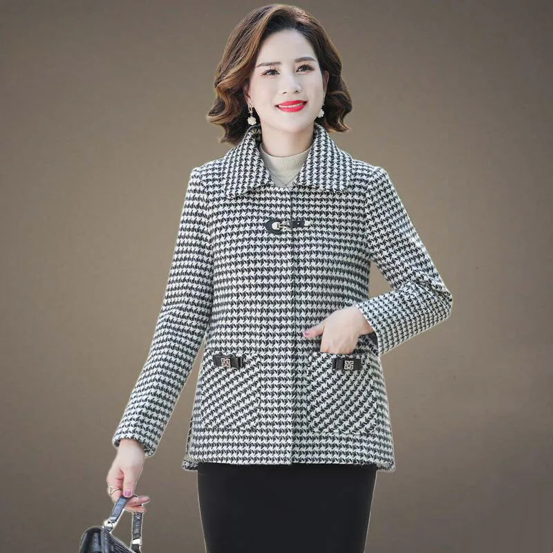 

2023 Spring Autumn Woolen Coat Women Fashion Turn-Down Collar Casual Slim Coat Pocket Button Houndstooth Female Jackets