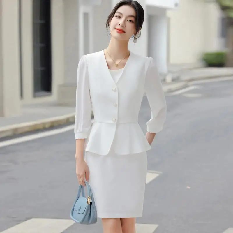 Women Casual 2 Pieces Set 2024 New Fashion Lantern Sleeve Jacket + White Dress Suit Office Ladies Business Blazers Skirt Set