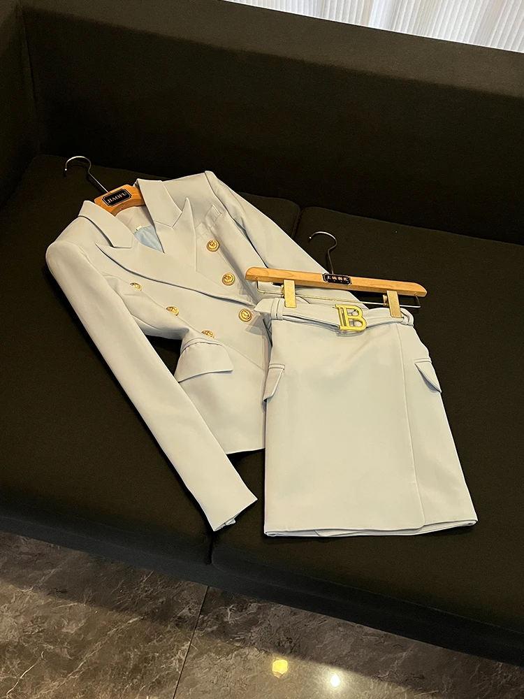 

Двубортный костюм-джат с юбкой с поясом, модный комплект из двух предметов для женщин, универсальная одежда для четырех сезонов JF-Sle