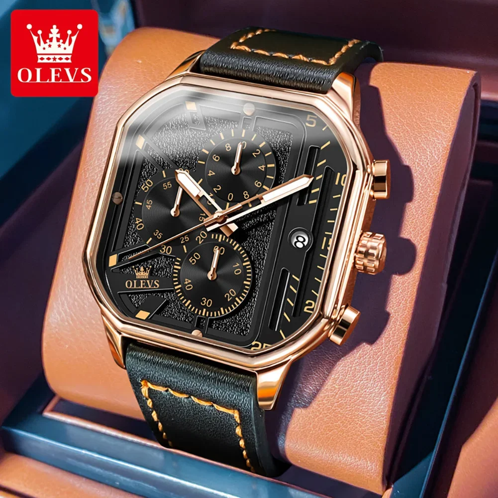 

OLEVS Quartz Watch for Men Leather Strap Chronograph Clock Big Dial Waterproof Luminous Fashion Men's Wristwatches Reloj Hombre