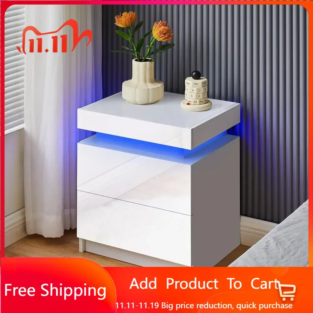 Modern Nightstand Set of 2, LED Night Stand with 2 High Gloss Chest of Drawers, Bedside Table Cabinet with Remote Control Light