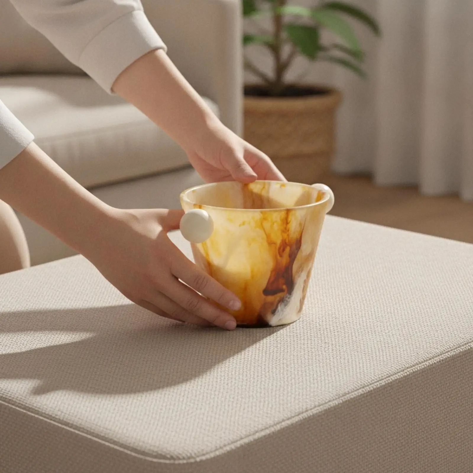 Handled Resin Decorative Bowl for Mantel Organizer with Brown White Marble Pattern Storage Solution