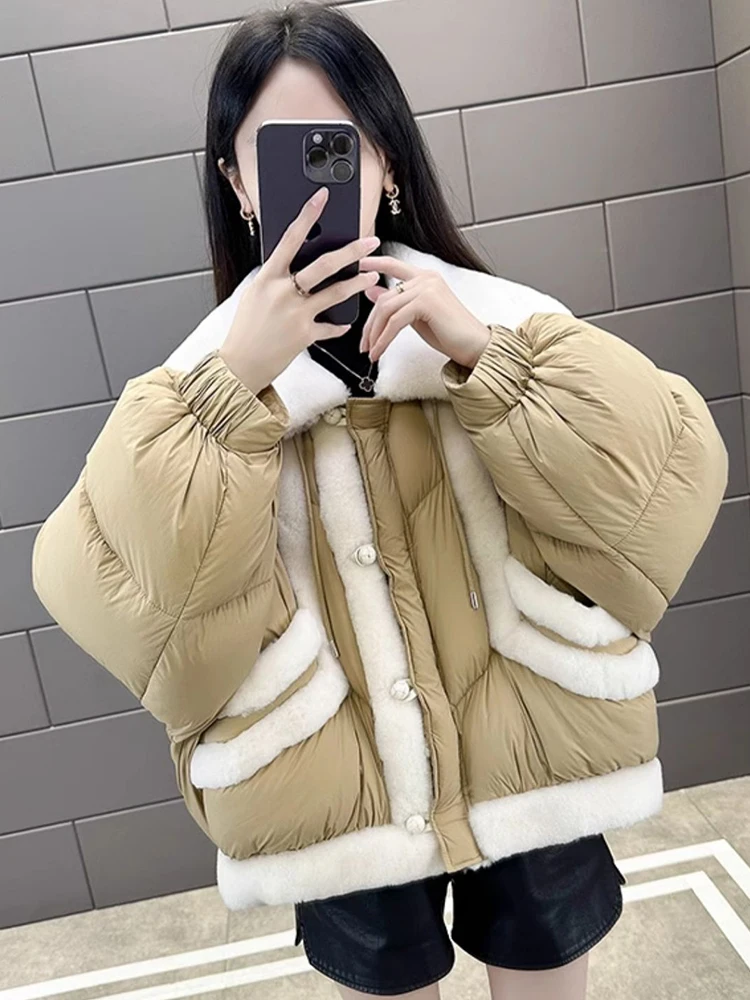 Fashion Winter Women\'s Warm Goose Down Jacket Natural Sheep Fur Collar Coat Thick Outwear Luxury Female Coat