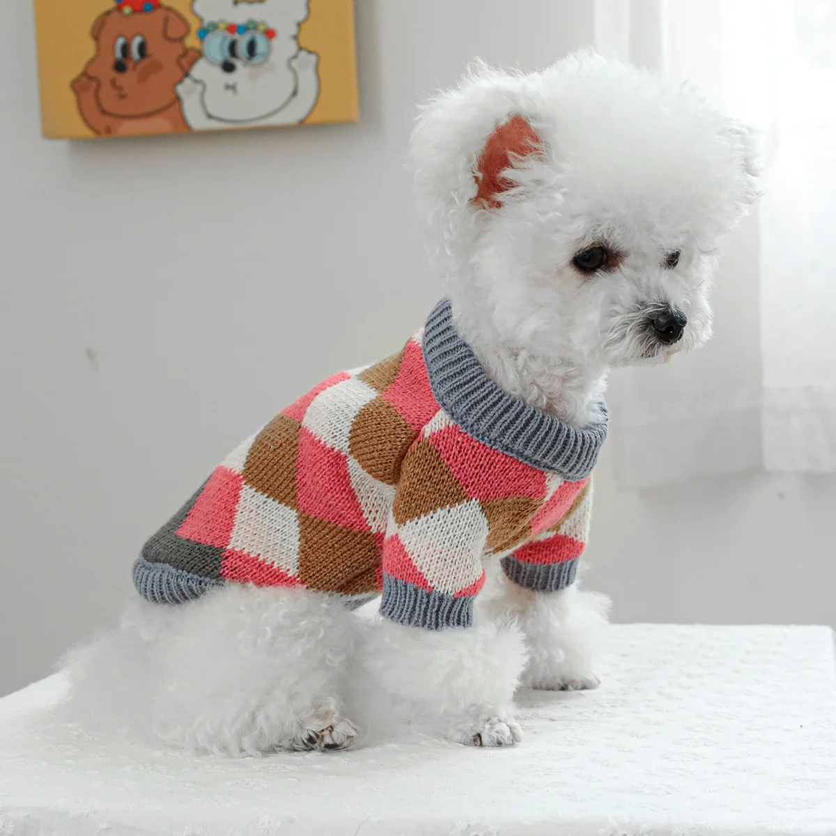 1PC Pet Clothing Cat Autumn/Winter Hoodie Pink Caling Grid Sweater Suitable for Small and Medium sized Dogs