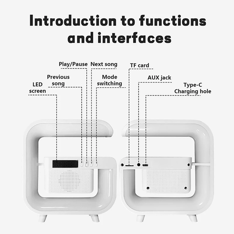 Soporte de cargador inalámbrico con Bluetooth 5,0, altavoz multifunción, FM, TF, RGB, luz nocturna, estación de carga rápida para Smartphone, A