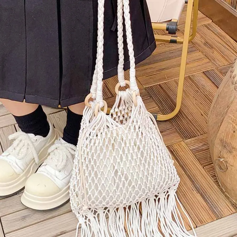 

Hollow Out Cotton Thread Woven Bag Tote Bag Beach Handbag Tassel Beach Bag Bucket Bag Bohemian Style Hollow Shoulder Bag Girls