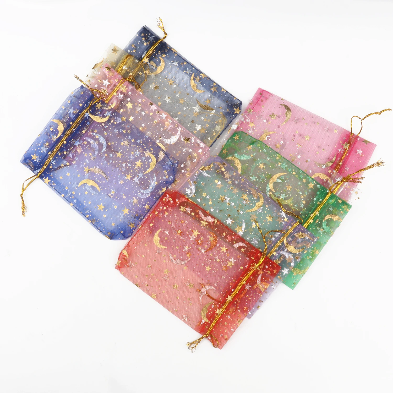 50pcs 9x12cm 11x16cm 13x18cm 17x23cm Mixed Gold Moon Star Adjustable Drawstring Pouch Bags for Wedding Gifts Organza Jewelry