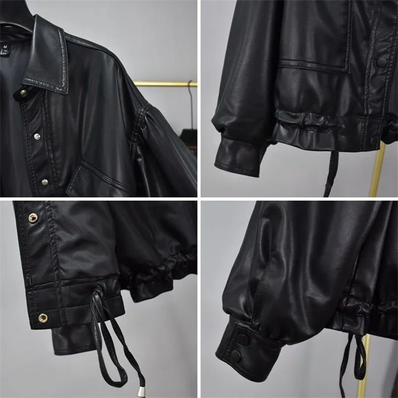 PU Small Leather Jacket Women 2025 New Coat Europe Spring Autumn Short Fashion Outerwear Motorcycle Drawstring Overcoat Female