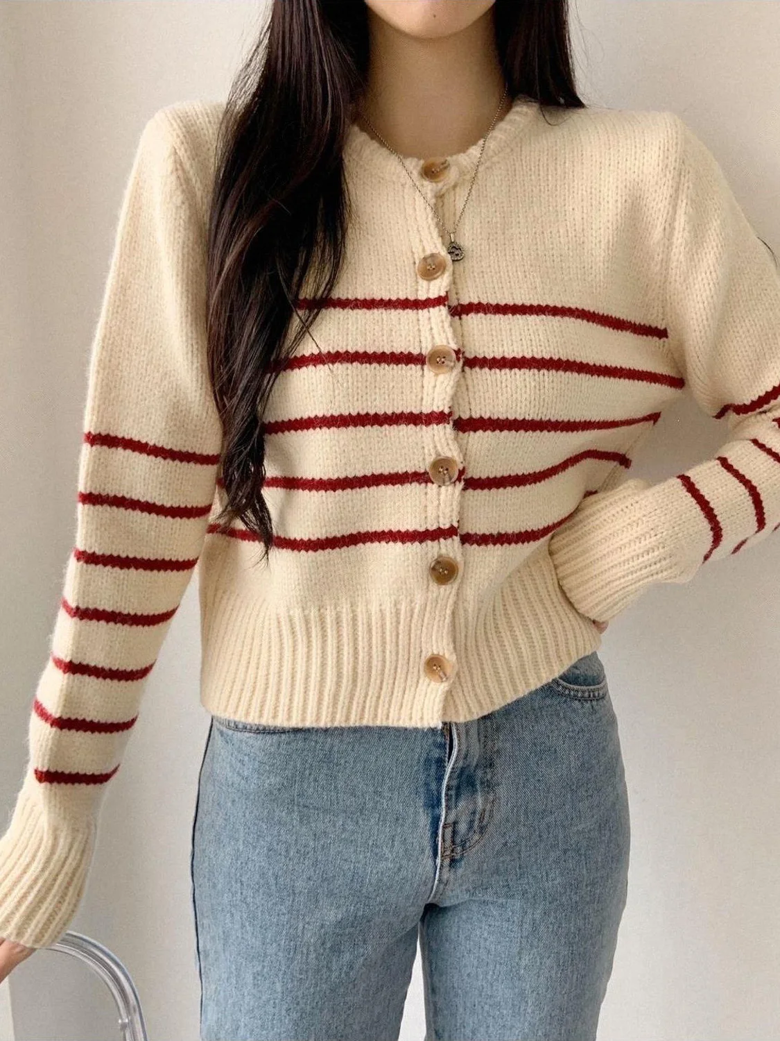 Soft Cozy Large Needle Knitted Open Cardigan Women's Faion Single Button Long Sve Sweater Coat Striped Pattern French Sle