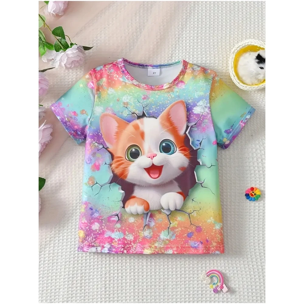 Mädchenkleidung, süße Katze, kurze Ärmel, grafische T-Shirts, 3D-Druck, Sommer-Outdoor-Kleidung für Kinder, Tops, T-Shirt für Mädchen, 2–10 Jahre – Detail 9