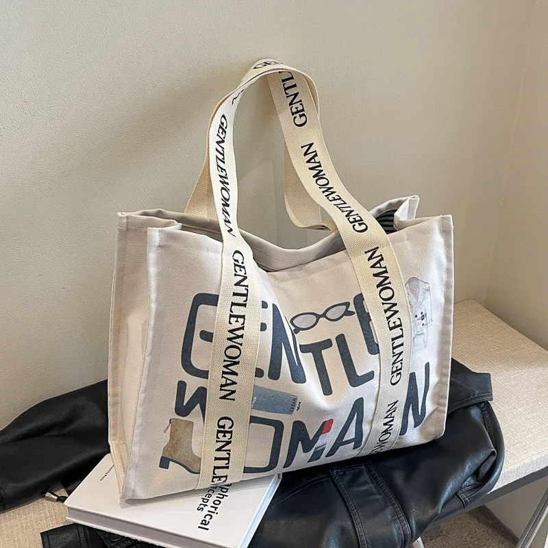 Casual Canvas Large Capacity Tote Bag Women Handbags Korean Style Letter Printing Shoulder Bag Portable Shopper Bag Purse 2024