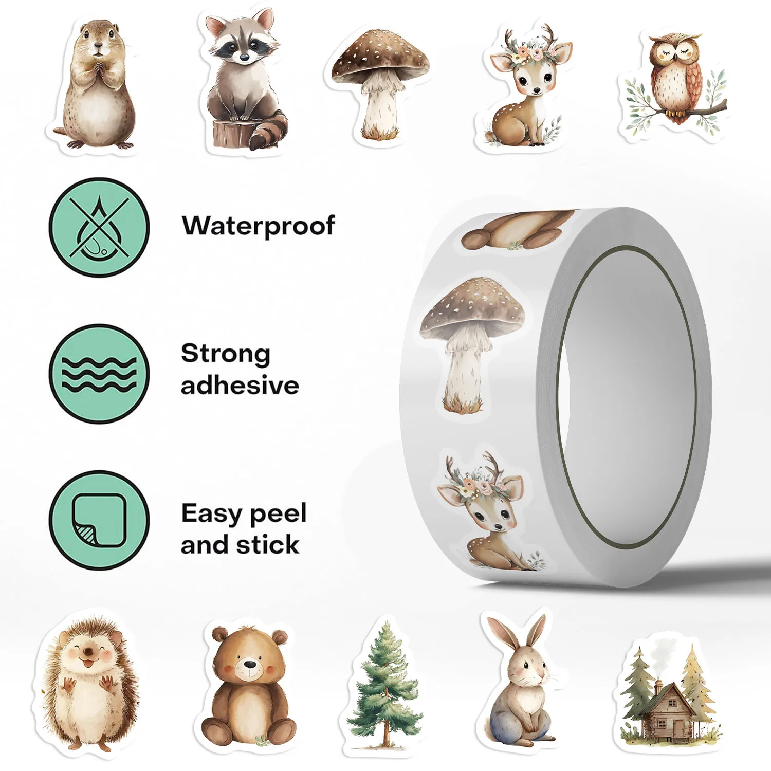 500Pcs Forest Animals Stickers Roll, 10 Patterns Woodland Creatures Stickers for Kids, Cute Deer Bear Squirrel Waterproof Decals