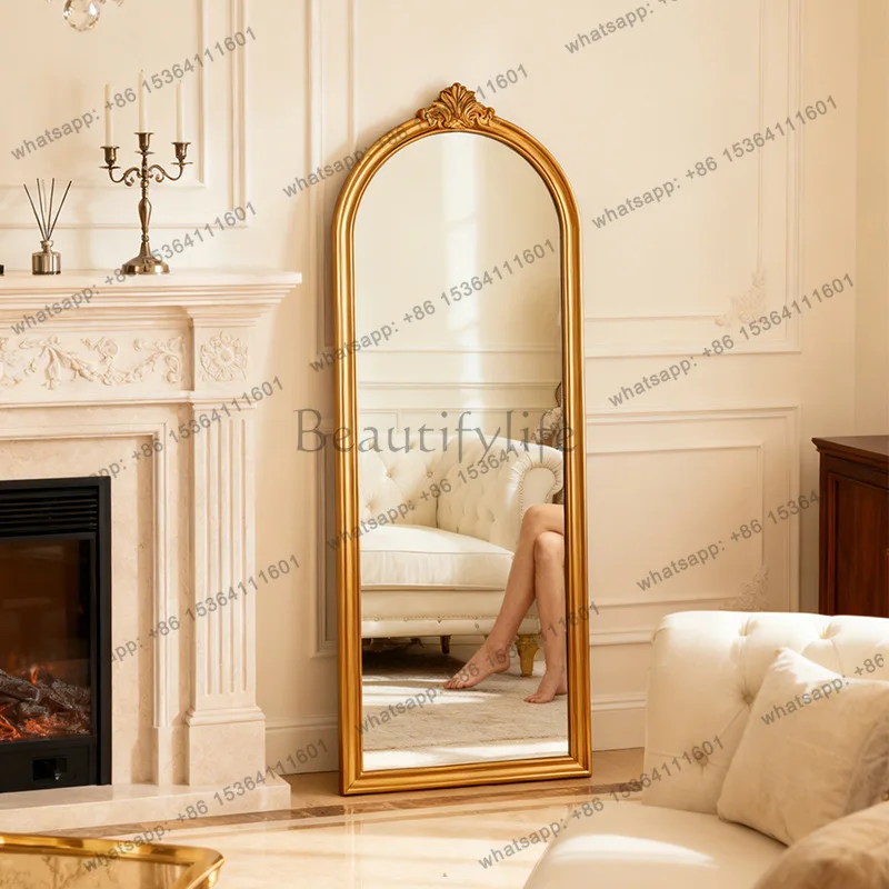Retro carved curved frame floor mirror porch decorative mirror household