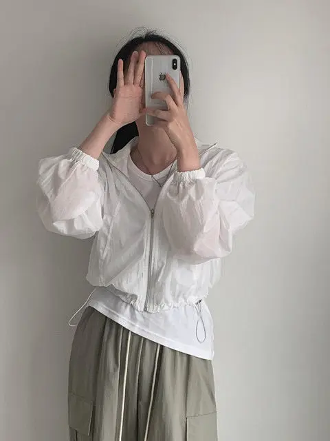

Thin Long Sve Windbreaker Jaet for Women with Stand Collar Zipper Dstring Loose Fit Sun Protection Top Commute Sle