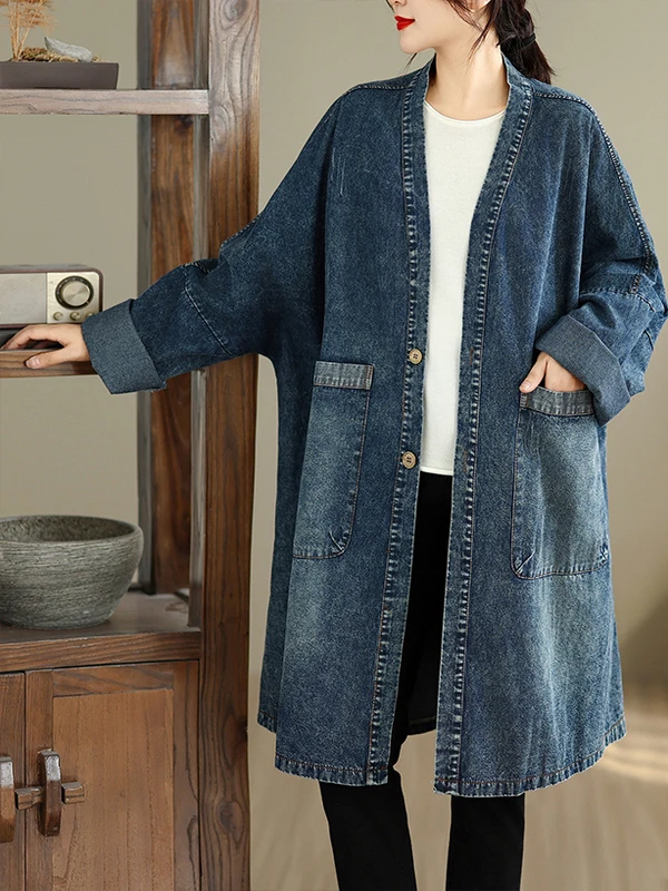 

Джинсовая куртка Laid-ba Sle свободного кроя средней длины, больших размеров, весна-осень, винтажный стиль, молодежная, с длинными рукавами, открытый кардиган