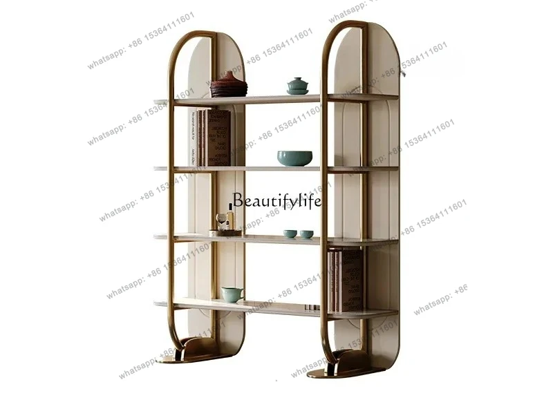 

44Light luxury bookshelf living room floor-to-ceiling stainless steel shelf against wall rock slab multi-layer display rack
