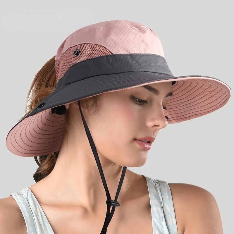 Sombreros de cubo plegables con protección UV para mujer, sombrero de pescador con agujero de cola de caballo, visera grande de ala ancha, gorra de