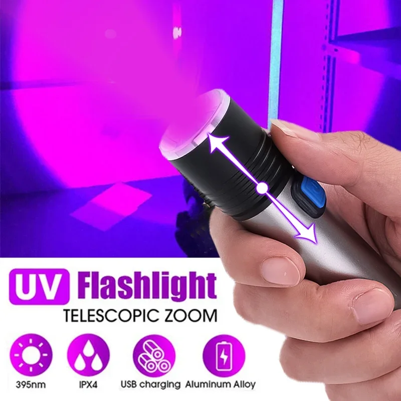 

365/395nm UV Flashlight Blacklight Zoomable USB Rechargeable UV Light Ultraviolet Lamp Torch for Pet Dog Urine Stains Detection