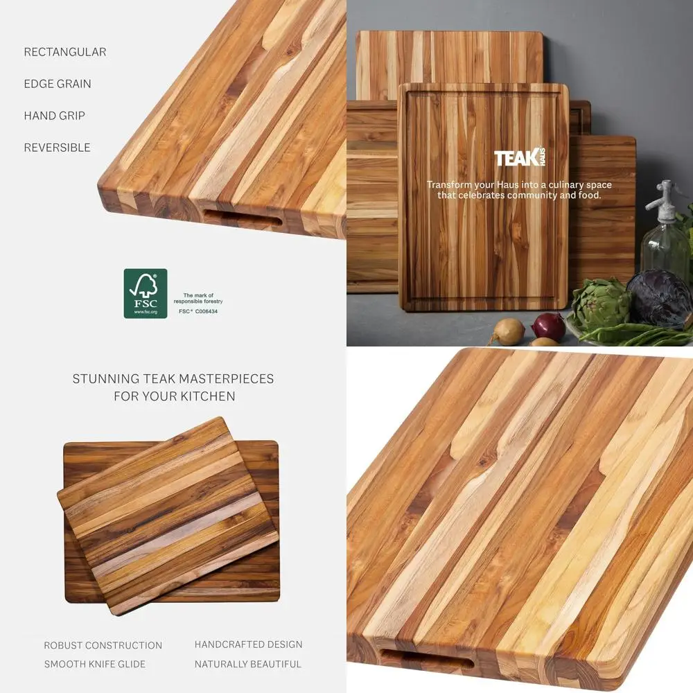 

Большая двусторонняя разделочная доска из тикового дерева с ручками, удобная для ножа, сертифицированная FSC, долговечная кромка