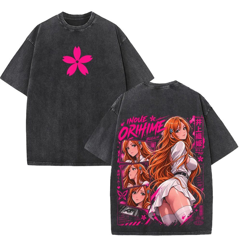 Anime Bleach Orihime Inoue T Shirt Vintage Washed Oversized Streetwear Men Women Clothing Short Sleeve High Quality T-shirt Tops