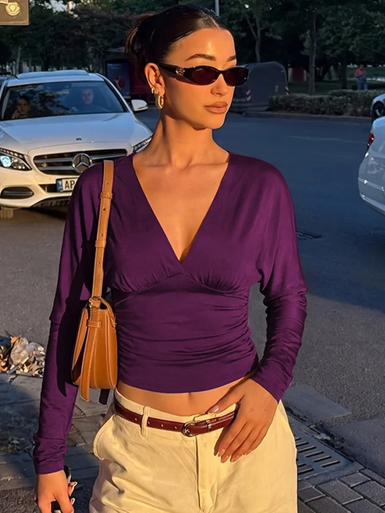 Women's V Neck Ruched Crop Top Blouse Long Sleeve Slim Fit T-Shirt Deep V Gathered Waist Front Spring Summer Daily Casual