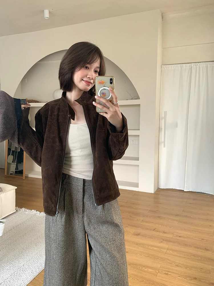 

Кожаная куртка BreezeMood в винтажном стиле с флисовой подкладкой, на молнии, с воротником-стойкой, для пар, для повседневной носки, свободного кроя, удлиненная