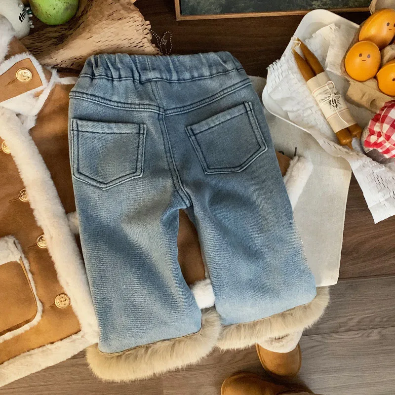 Fashion Children\'s Thickened Jeans 2023 New Winter Girl\'s High Quality Faux Fur Plush Flare Pants Warm Casual Street Wear