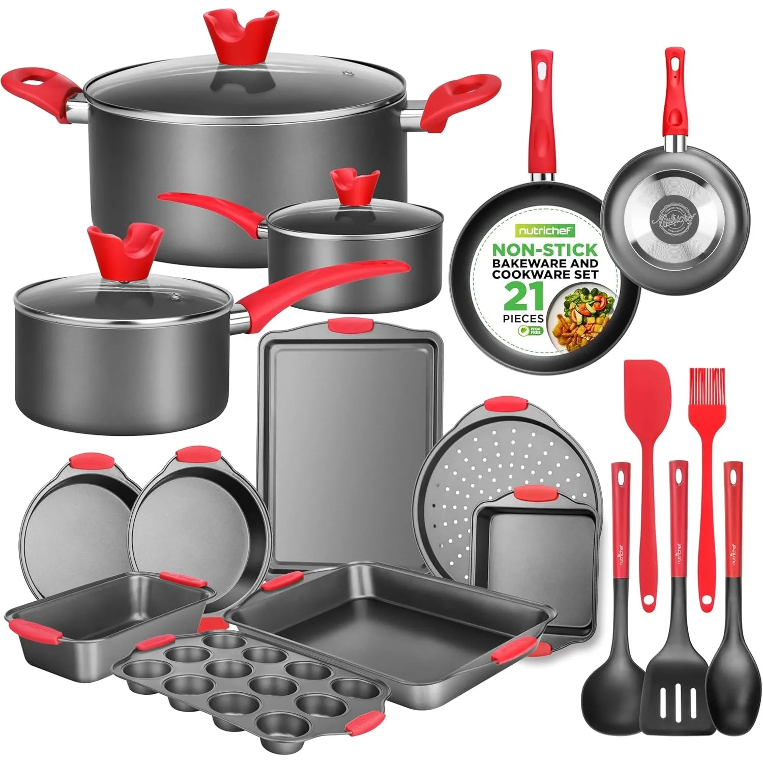 NutriChef 21-Piece Nonstick Cookware Set Includes Saucepans Skillets Round & Square Baking Pans Loaf & Muffin Pans Pizza Crisper