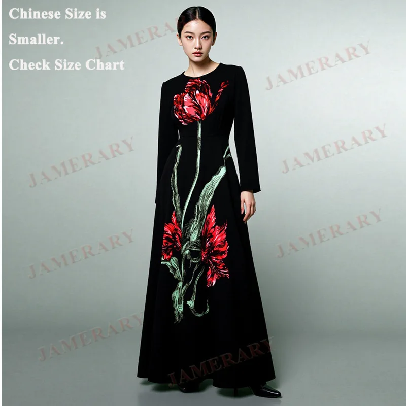 Elegant Autumn Winter Long Sleeve Maxi Floral Dresses Women Muslims Fashion Print Evening Prom Dress Lady Casual Midi Vestidos