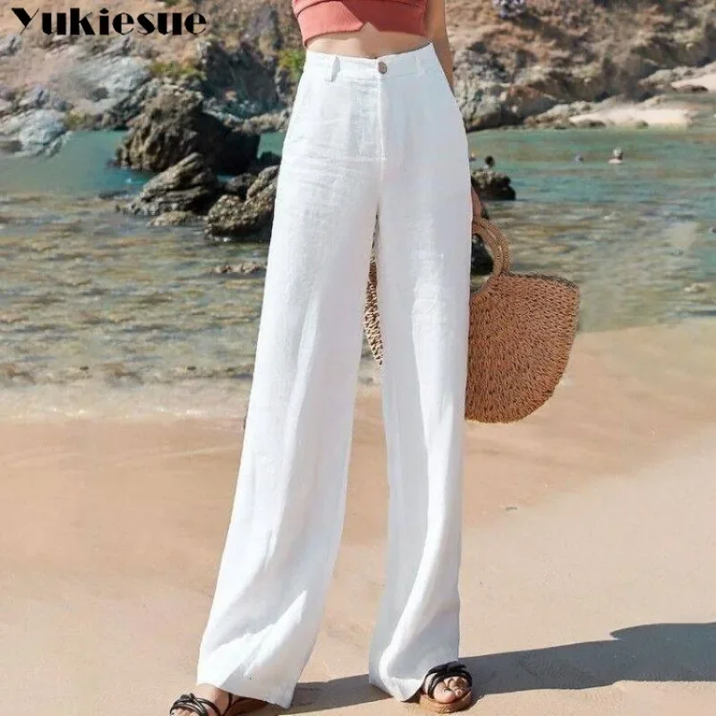 Pantaloni da donna in cotone e lino a gamba larga Pantaloni invernali foderati in pile causali caldi Pantaloni estetici larghi a vita alta coreani Y2K