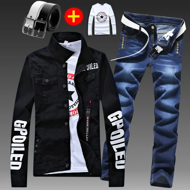 Men\'s Slim Fit Denim Jacket Pants 2pcs Set Long Sleeve Coats Letters Printed Casual Large Size Black White Red Boys Trousers